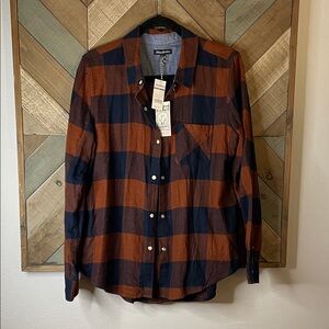 Flag & Anthem Blue and Brown Checkered Casual Button Up Shirt, size L